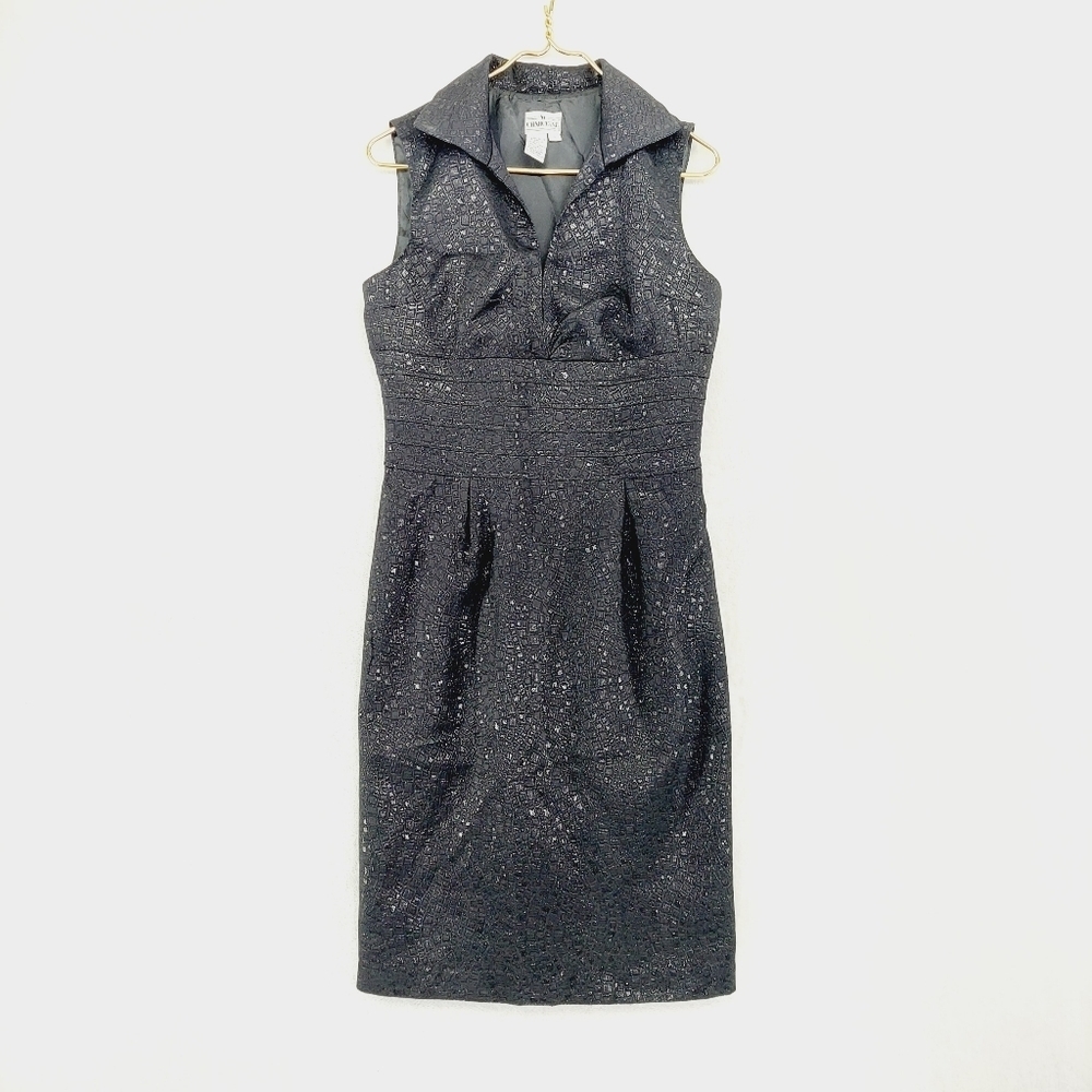 Chancelle Black Sparkle Sleeves Shirt Collar V Neck Pencil Midi Dress P6652